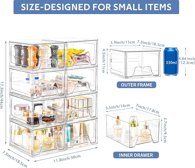 Plastic Drawers Storage, 8 Pack Clear Stackable Storage Drawers, Acrylic Storage Bins with Drawers for Fridge Organizers, Small PlasticDrawers Stackable for Makeup Organizers Cosmetic Display