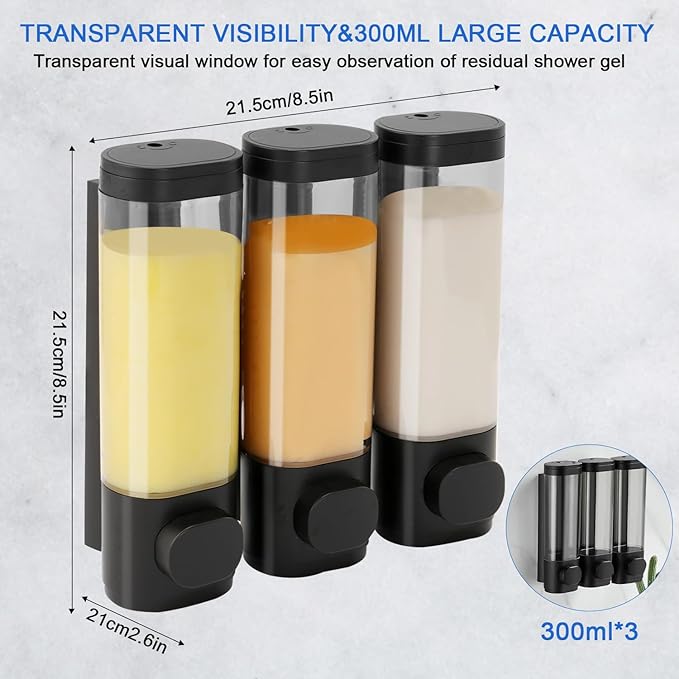 Shower Soap Dispenser Wall Mounted Shampoo and Conditioner Dispenser No Drill 3 Chamber Large Capacity for Bathroom Hotel, Black