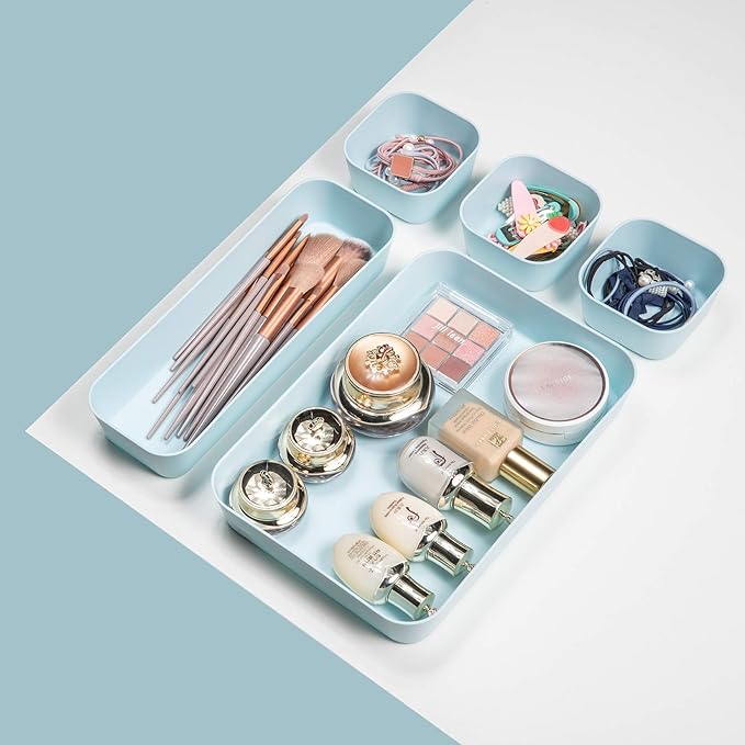 Set Of 12 Blue Color Plastic Desk Drawer Organizers For Makeup Bathroom Office