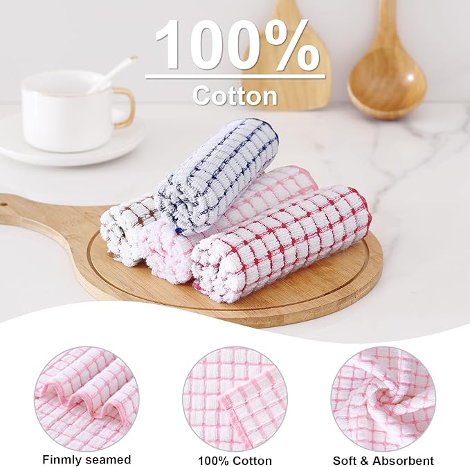Kitinjoy Cotton 12 Pack Terry Kitchen Dish Cloths, 12 x 12 Inches Super Soft and Absorbent Dish Rags, Quick Drying Dish Towels for Washing Dishes, Mix Colour