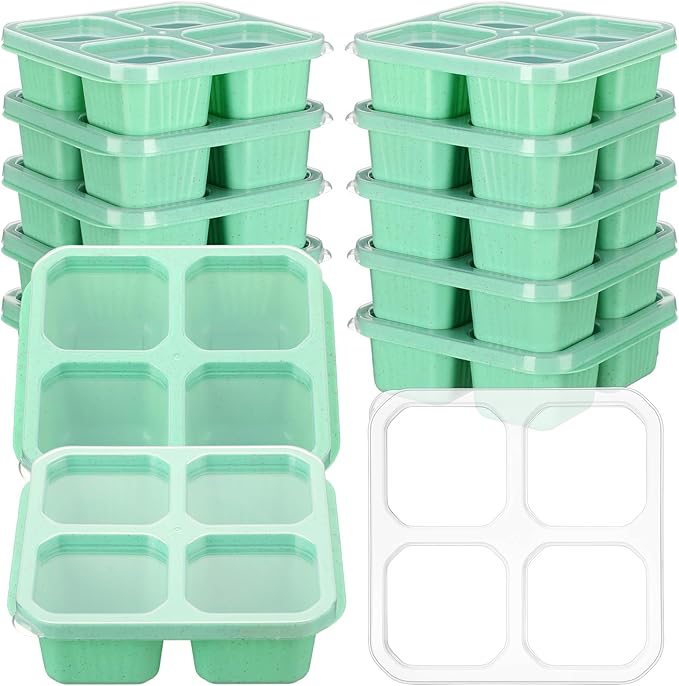 Ziliny 12 Pcs 4 Divided Compartments Snack Containers Bento Wheat Straw Snack Box with Lid Reusable Meal Prep Lunch Box Food Storage Containers for Adults Christmas Travel Work Gifts(Green)