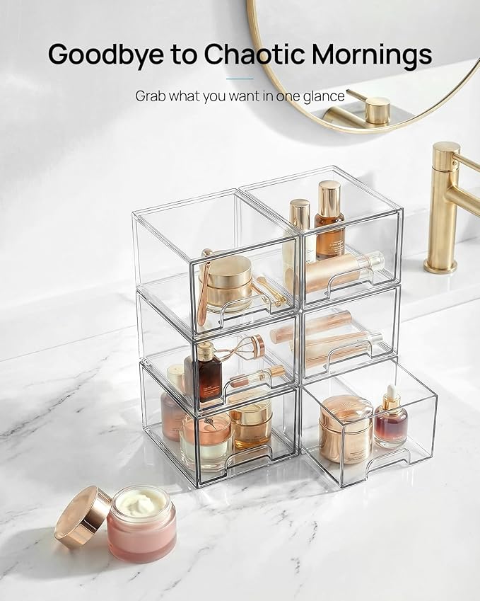 8 Pack Small Clear Stackable Storage Drawers, Acrylic Bathroom Makeup Organizer