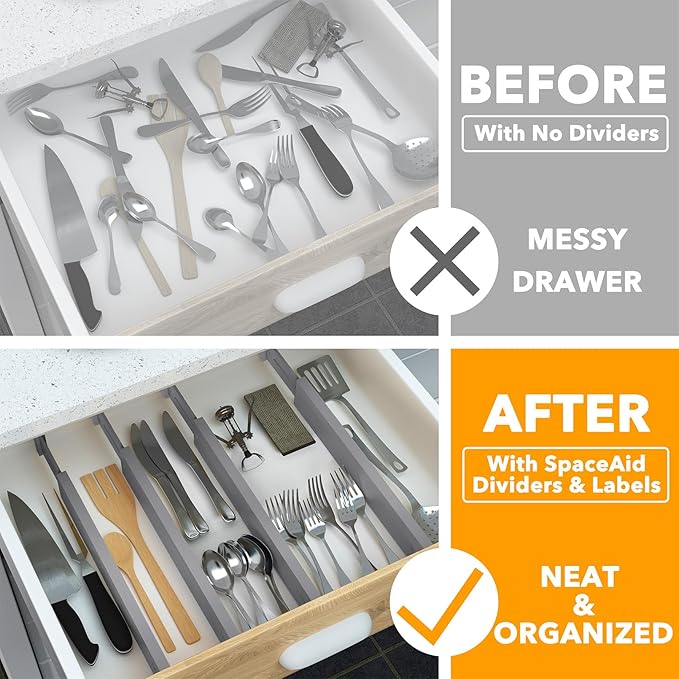SpaceAid 4 Pack Bamboo Drawer Dividers with Labels, Kitchen Adjustable Drawer Organizers, Expandable Organization for Home Clothes Dressers (17-22 in, Gray)
