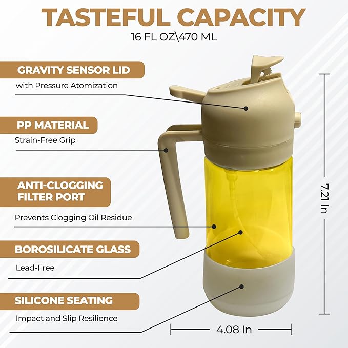 MBO 2-in-1 Olive Oil Spray Bottle for Cooking – 16oz / 470ml Glass Dispenser with Silicone-Encased Base, Mist & Pour Spout – Refillable Kitchen Gadget for Air Fryer, Salad, BBQ