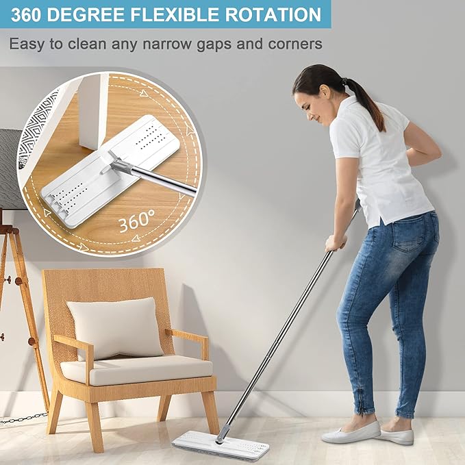 BOSHENG Mop and Bucket with Wringer Set, Hands Free Flat Floor Mop and Bucket, 3 Washable Microfiber Pads Included, Wet and Dry Use, Home Floor Cleaning System for All Floor Types and Windows