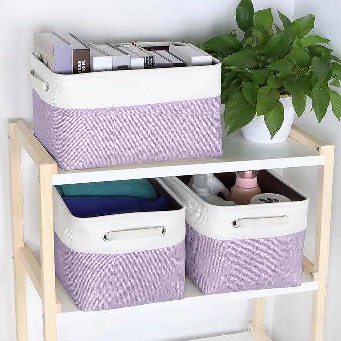 Kntiwiwo Foldable Storage Bin Collapsible Fabric Storage Basket Cube with Durable Handles Closet Organizer Bins for Organizing Shelves Drawers, Set of 3, 15" x 10" x 9.5", Purple