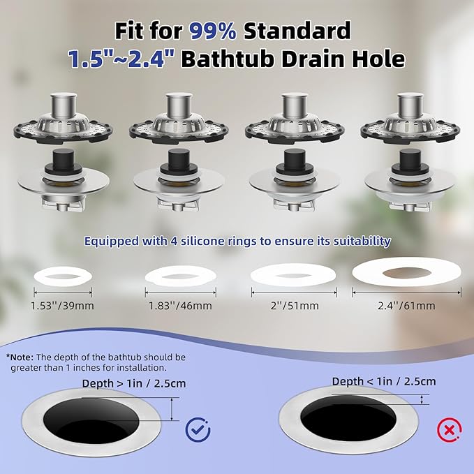Metal 2 Pack Bathtub Drain Stopper with Top Hair Catcher, 3 in 1 Pop-up Bathtub Strainer