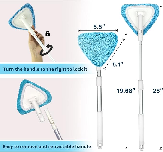 BITOPE Windshield Cleaning Tool, 26" Adjustable Handle, 3pcs Microfiber Pads, Ideal for Cleaning Inside Exterior SUVs, Trucks, RVs