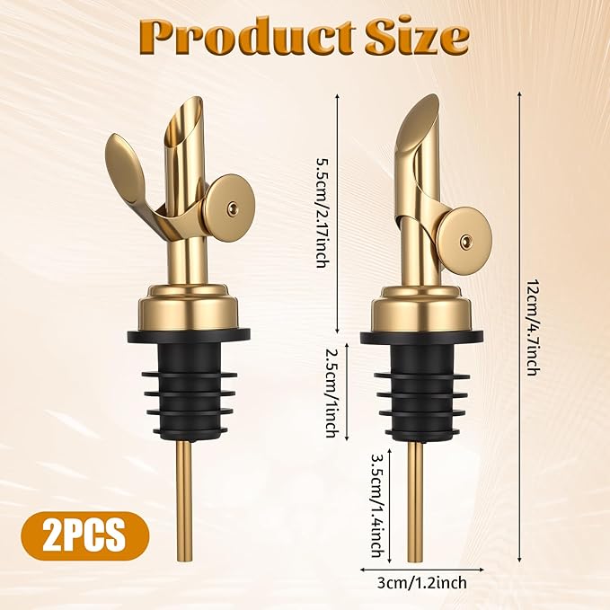 2 PCS Weighted Stainless Steel Bottle Pourers, Olive Oil Dispenser Spout, Self Closing Liquor Pour Spout, Weighted Pourer for Liquor Bottles, Oil Bottles, Vinegar, Syrup and Alcohol, Gold