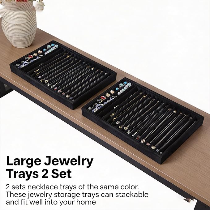 2 Sets Jewelry Trays with Drawer Insert Velvet Jewelry Organizer Tray for Women, Jewelry DisplayTrays with 17 Grids (Black2)