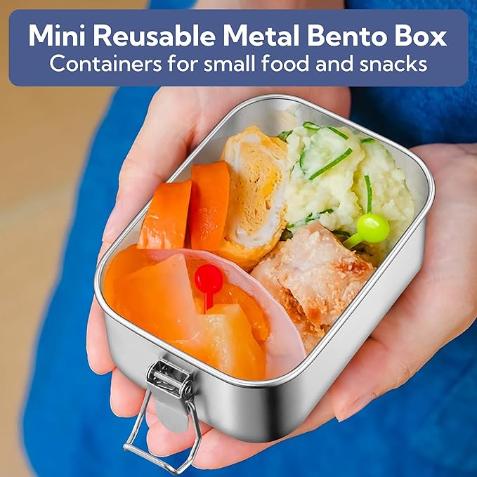 E-far Stainless Steel Bento Box, Mini 550ml Metal Lunch Box, 18.6oz Leak-Proof Food Snack Container with Lids, Reusable Meal Storage for Camping Picnic Travel Work