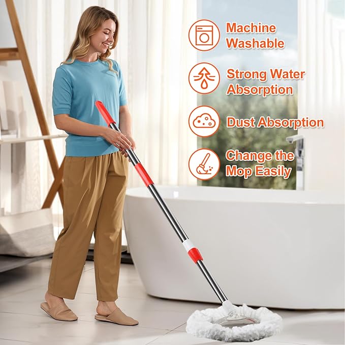 Spin Mop and Bucket with Wringer Set, 360° Spinning Mop Bucket System with 6 Microfiber Mop Floor Scrub Brush and 61" Stainless Steel Adjustable Handle for Floor Cleaning