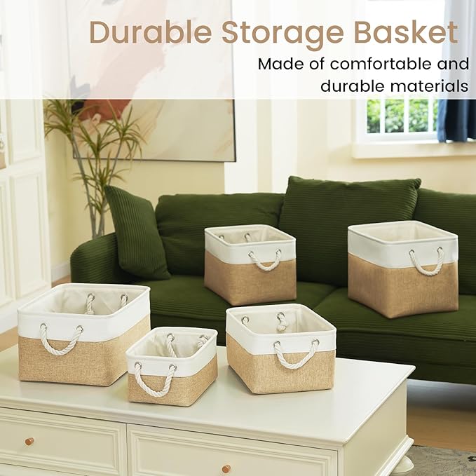 Large Storage Baskets- 16x12x12 inch Storage Bins for Shelves and Closet Organizing, Foldable Fabric Bin for Home Organization Clothes and Laundry (1-Pack, White&Khaki)