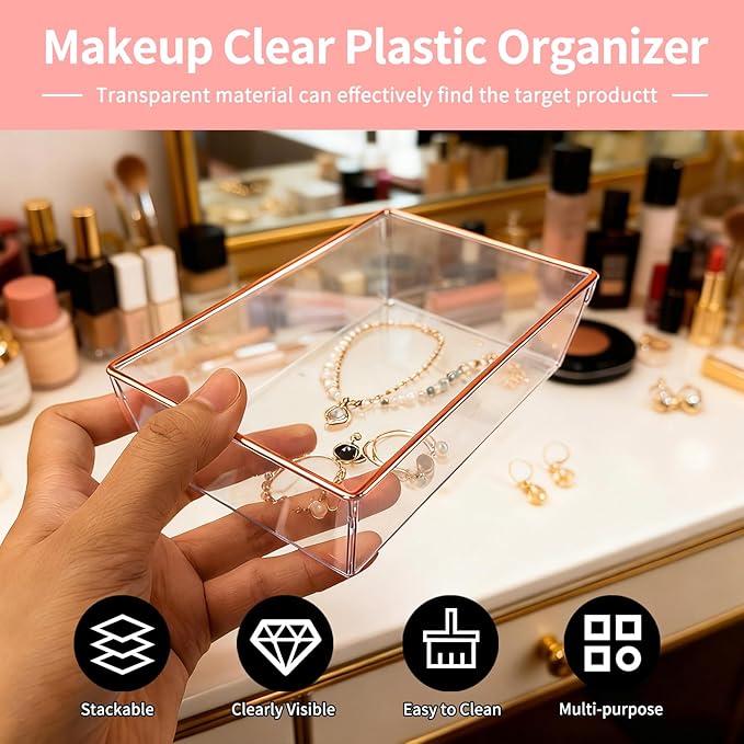 4 Pack Large Size Clear Stackable Drawer Organizer Trays, Rose Gold Rim Makeup Drawer Storage Tray Divider, Desk Storage for Makeup, Jewelry, Bathroom