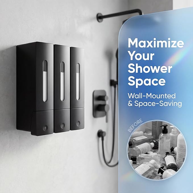 3-Chamber Shampoo, Conditioner & Body Wash Dispenser, Wall-Mounted Shower Soap Dispenser, 1200 ML (3×400 ML) Capacity, No-Drill or Screw Install, Refillable Clear-Window Bottles for Bathrooms & Hotels