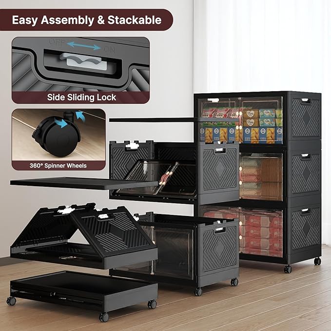 Stackable Storage Bins with Lids, 720QT Closet Organizers, 6, Black, Large