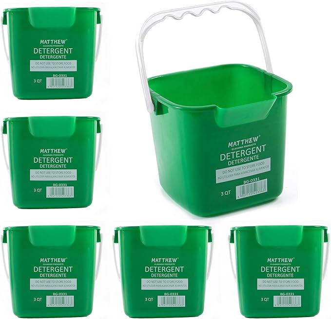 Matthew Detergent and Sanitizing Cleaning Bucket 3 Quart Plastic Pail,Set of 6 Square Containers,Built-in Spout w/Handle,Wash Rinse Sanitize Handwash Bucket for Home Office Commercial (Green)
