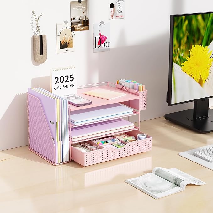 gianotter Wood Desk Organizers and Accessories with File Holder, 4-Tier Desk Accessories & Workspace Organizers with Drawer and Pen Holder, Paper Organizer for Office Supplies (Pink)