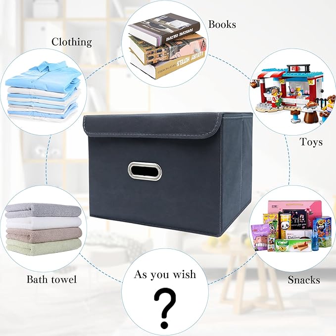 STOREONE Fabric Storage Cube Bins Foldable Organizer Container Collapsible Basket with Lids and Metal Handles, for Home, Bedroom, Closet 6 Pcs (Grey)