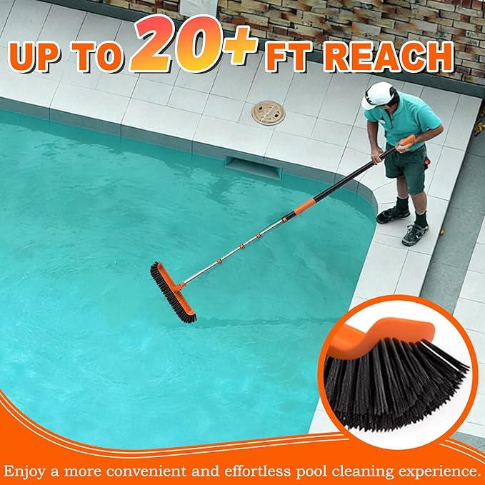 SISIUPASSIE Pool Brush Kit with Pole, Upgrade 18" Pool Brush and High-Efficiency Stainless Steel Bristles Brush with Telescopic Pole for Cleaning Pool Walls, Curved Ends, Tiles & Floors, 20 FT