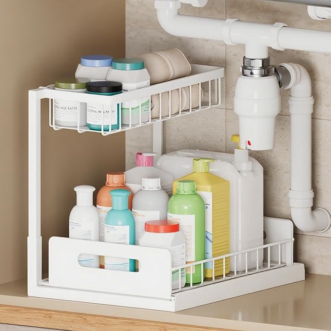VUSIGN 2 Tier Under Sink Organizer and Storage, Slide Out Pull Out Cabinet Organizer Shelf, Storage for Kitchen Bathroom Laundry, 1Pack, White