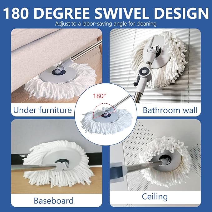 KZKR Spin Mop and Bucket with Wringer Set on Wheels, 180° Spinning Mop Bucket System with 6 Washable Microfiber Replacement Mop Pad Heads Refill, Adjustable Handle for Floor Cleaning Home