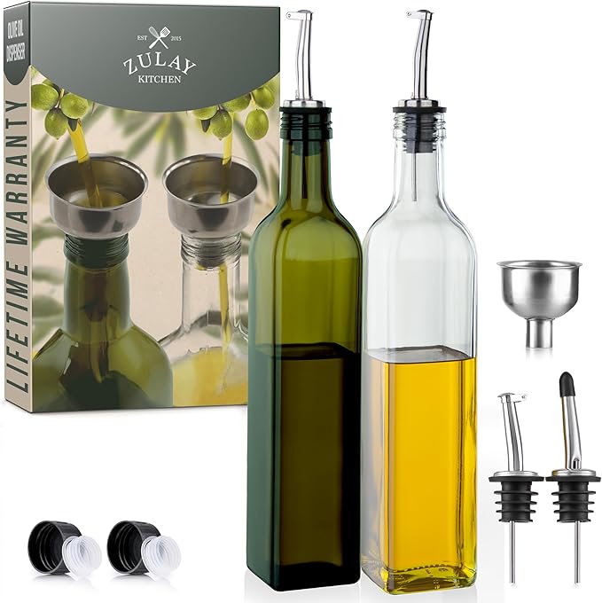 Zulay Kitchen (2 pack 17oz Olive Oil Dispenser Bottle For Kitchen - Glass Olive Oil Bottles With 2 Spouts, 2 Removable Corks, 2 Caps, & 1 Funnel - Oil Bottle For Kitchen & Storing Liquids
