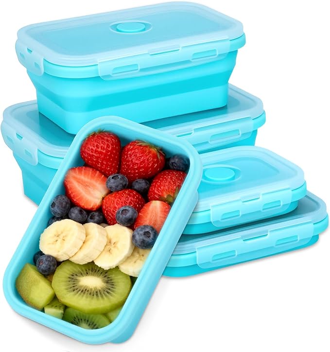 Collapsible Silicone Food Storage Containers 4 Set Airtight Leak Proof Food Containers with Lids Meal Prep for Microwave Freezer Dishwasher for Kitchen Camping Office Sky Blue