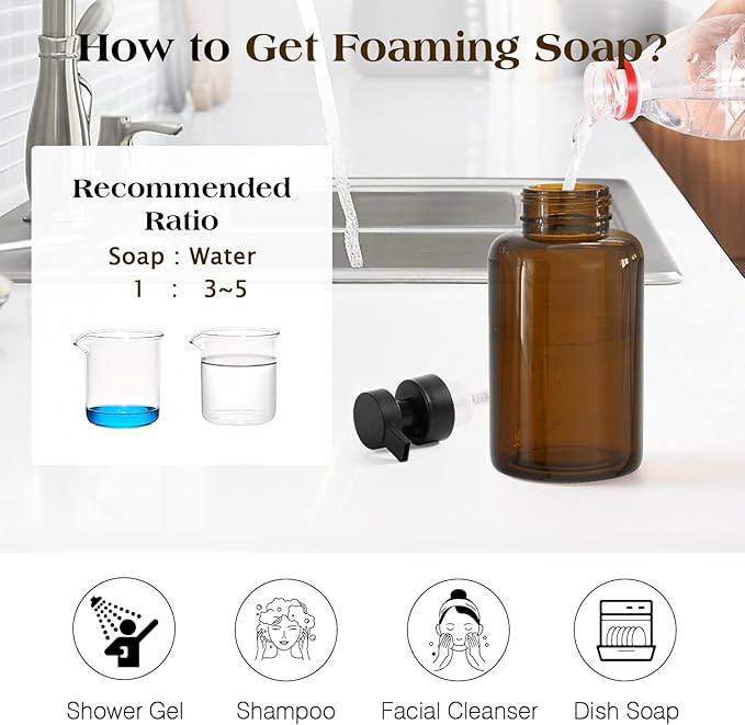 Luxspire Foaming Soap Dispenser, Glass Foam Pump Soap Dispenser, Non-Slip Hand Soap Bottle with 5 Waterproof Labels, 15 Oz Refillable Liquid Soap Bottle for Bathroom & Kitchen, Amber, 2 Pack