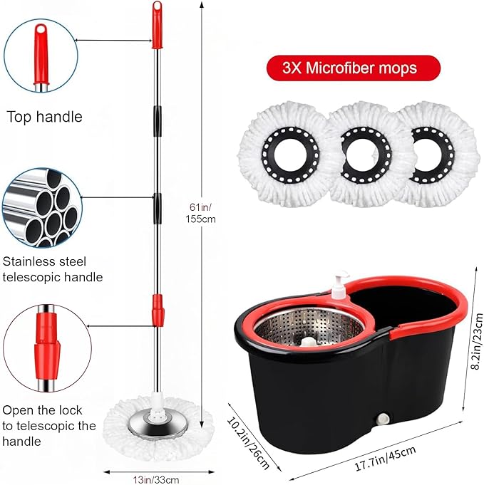 Spin Mop and Bucket with Wringer Set, 360° Spinning Mop Bucket System with 3 Microfiber Mop Replacement Heads Refills, 61" Stainless Steel Extended Handle for Floor Cleaning Home Office(20QT)
