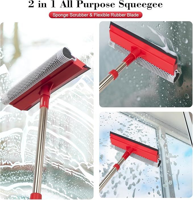Window Squeegee with 15.7"-27.5" Retractable Stainless Steel Handle, 2-in-1 Windshield Cleaner Tool for Cars, Trucks, Glass Doors, Shower Glass