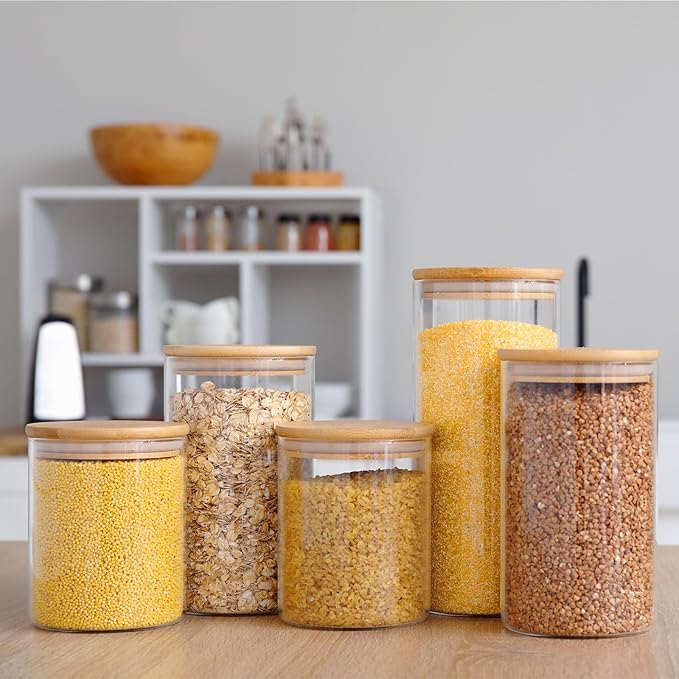 Qinyoung Glass Storage Jars with Wooden Lids, 4 Sizes Food Storage Containers Clear Stackable Canisters Airtight Glass Jars for Candy Cookie (Clear