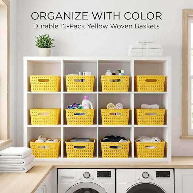 Yellow Plastic Organizer Baskets, 12-Pack Stackable Pantry Storage Baskets, Small Baskets for Shelves, Bathrooms, Kitchens, Laundry Room, Classrooms, Cabinets and Bedrooms