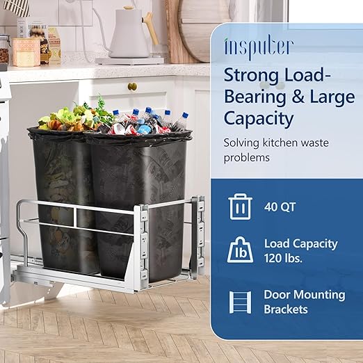 Insputer Dual Pull Out Trash Can Under Cabinet with Soft-Close Slides, Heavy Duty Under Sink Trash Can Kit for Kitchen Sink, Laundry, Garbage Can Not Included, Requires 17" W X 24" D Cabinets