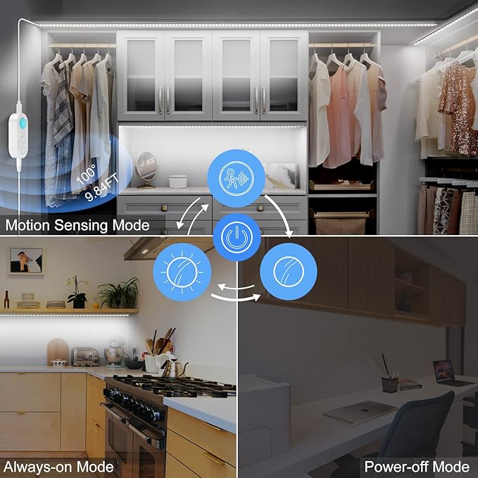 Motion Sensor Under Cabinet Light, Plug-in Under Cabinet Lighting with Dimmer, Delay Timer for Kitchen Cabinet, Pantry, Laundry, Bedroom, Stairway