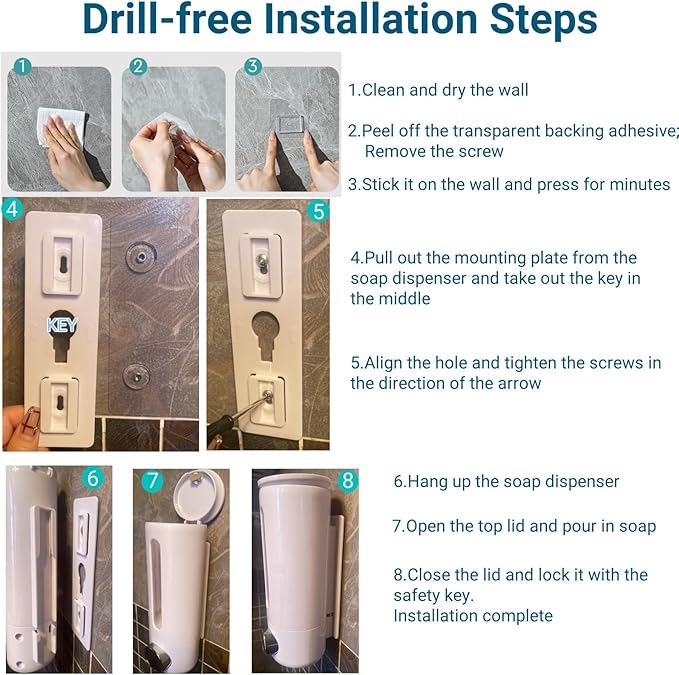 Soap Dispenser Wall Mount 17oz Drill Free ABS Hand Soap Shower Dispenser with Adhesive and Screws No Leakage Shampoo and Conditioner Dispenser Large Capacity for Bathroom Kitchen-White,1PACK