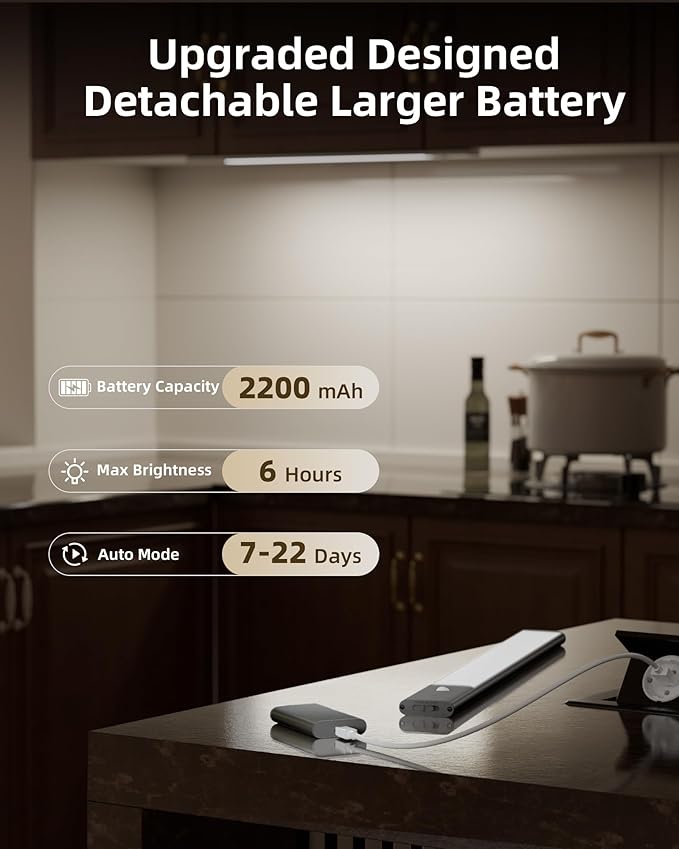EZVALO Under Cabinet Lighting, 2-Pack Motion Sensor Lights with 4 Detachable Batteries, 76 LEDs Dimmable Closet Lights, 3 Color Temps, Under Counter Lights for Kitchen, Pantry, Wardrobe