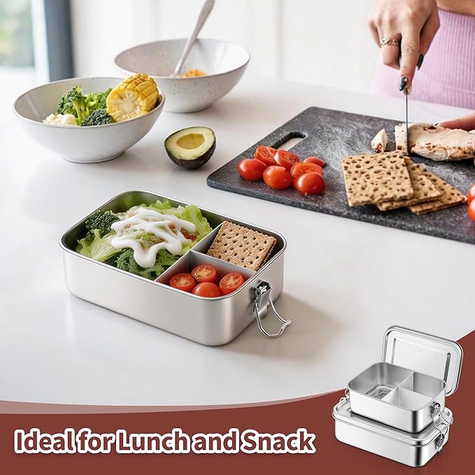 TeamFar 2 Pack Stainless Steel Bento Box, 28 & 47oz Metal Lunch Box with 3 Compartments for Adults/Kids, Lunch Food Containers for School/Work/Meal Prep, Leak-Proof & Dishwasher Safe, 850ML+1400ML