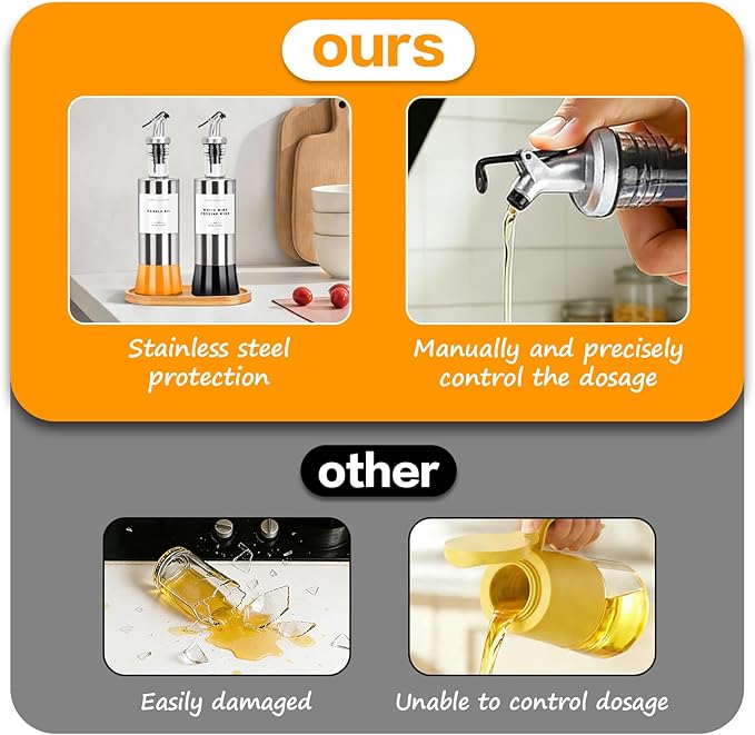 Olive Oil Dispenser Bottles for Kitchen with Bamboo Tray, Oil and Vinegar Dispenser Set, Stainless Steel Glass Dispensers for Kitchen, Dispenser Bottle of 300ml - Set of 2