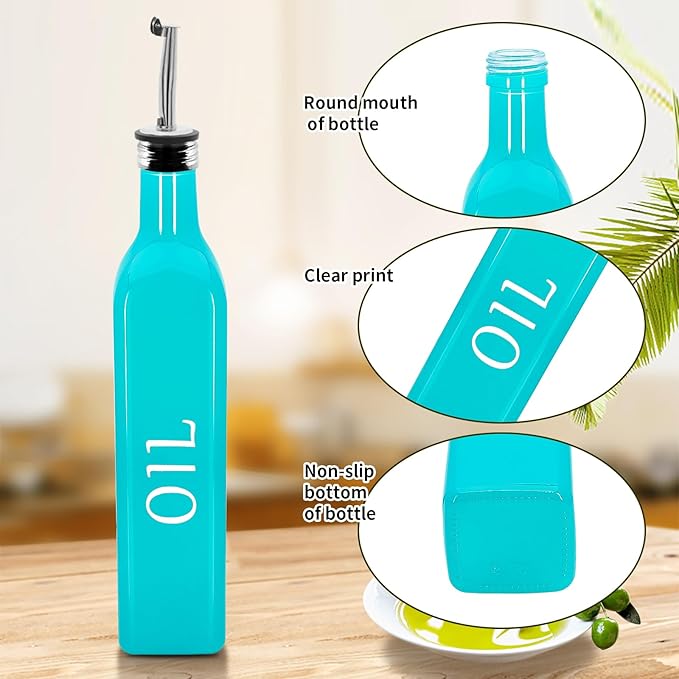 1 Pc 17oz Olive Dispenser Bottle,500ml Glass Oil and Vinegar Dispenser Set with 1 Stainless Steel Pourers,Funnel Bottles for Kitchen (Turquoise Oil)