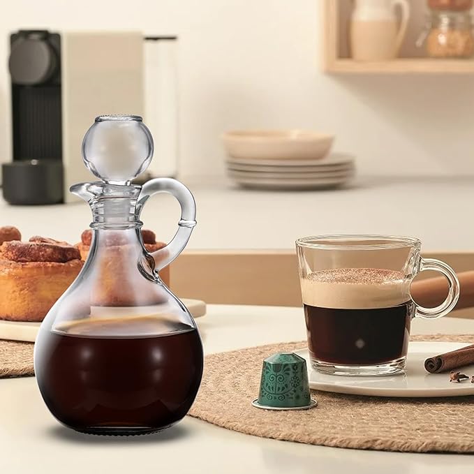 BSTKEY Set of 2 Olive Oil Dispenser Bottle with Stopper, Elegant Style Round Glass Cruet Bottles for Kitchen, 310ml Oil Dispenser Spout Container for Syrup Olive Vinegar