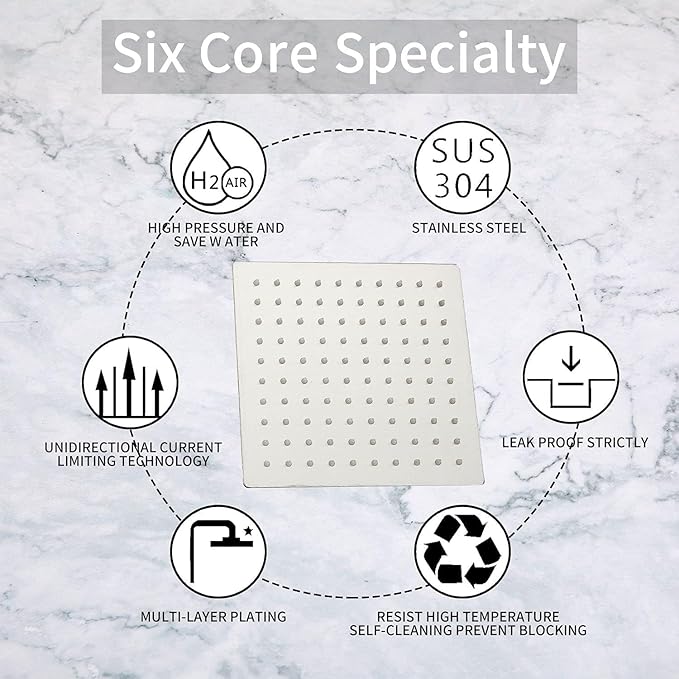 GGStudy Square 6 Inch Stainless Steel Shower Head High Pressure Rainall Shower Head Brushed Nickel Ultra Thin Design-Best Pressure Boosting