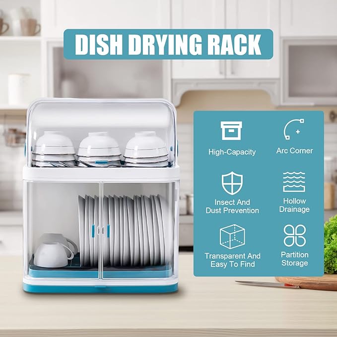 2 Tier Dish Drying Rack, Drain Board with Lid Plastic Dust Cover, Kitchen Plate Cup Dish Drying Rack, Tableware Storage Box Dishes Drain Shelf Rack Closed Holder for Home Using