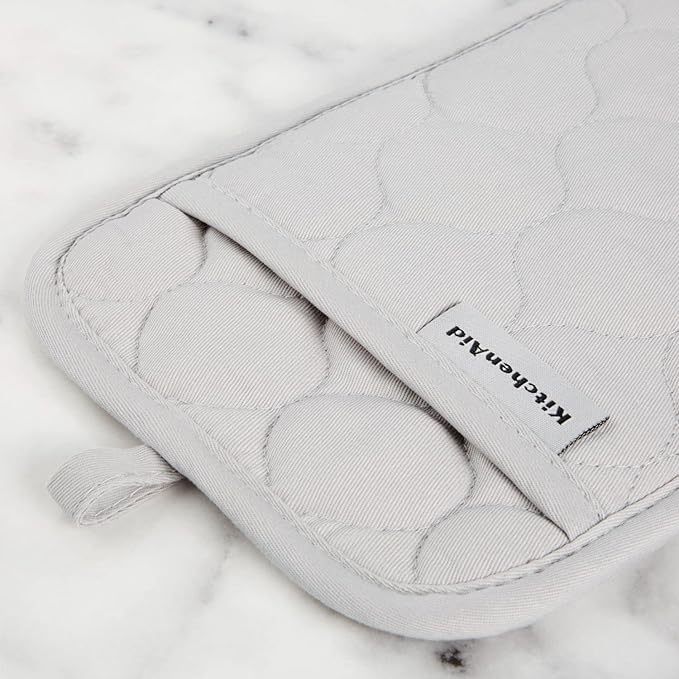KITCHENAID Quilted Cotton Terry Cloth Oven Mitt, Pot Holder, Kitchen Towel 4-Pack Set, Heat Resistant, Silicone Grip, 16"x26", 7"x13" & 7"x10", Matte Grey
