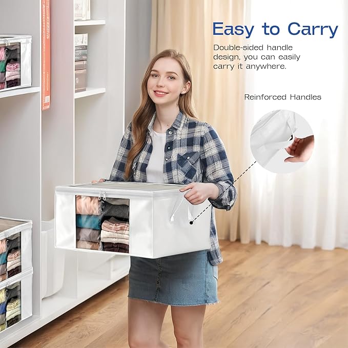 Clothes Storage Bags, Foldable Thick Fabric Blanket Storage Bags, White, 6PACK