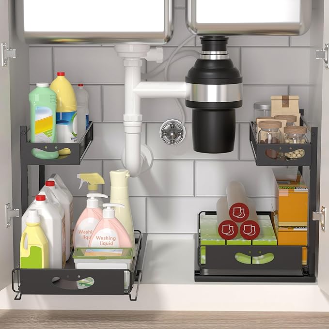 Under Sink Organizer with Pull-Out Drawers,Kitchen Sink Organizer,2 Tier Bathroom Organizers And Storage,Bathroom Accessories Set,Black 1 Pack
