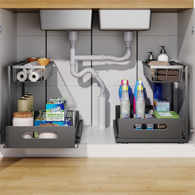 Under Sink Organizer, 2 Tier Pull-Out Cabinet Storage Shelf, 1 Pack Black