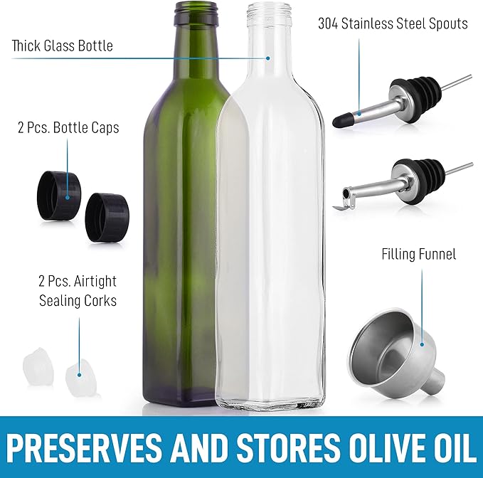 Zulay Kitchen (2 pack 17oz Olive Oil Dispenser Bottle For Kitchen - Glass Olive Oil Bottles With 2 Spouts, 2 Removable Corks, 2 Caps, & 1 Funnel - Oil Bottle For Kitchen & Storing Liquids