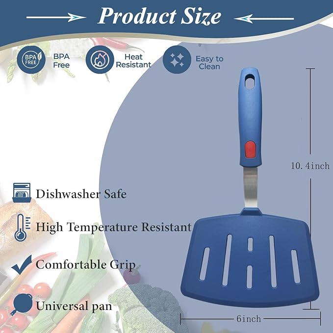 Silicone Spatula Turner, High Heat Resistant Rubber Baking Spatula, Non-Stick Slotted Wide Fish Slice Spatulas for Cooking, Large Kitchen Utensil for Pancake Omelette Egg - Hazy Blue