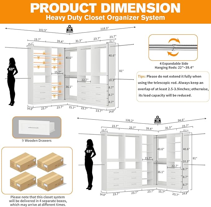Closet System with 4 Sets, 8.5FT-21.5FT Corner Closet Organizer System with 9 Drawers & 12 Shelves & 8 Hanging Rods, Custom L-Shaped Modular Walk-in Closet Organizers and Storage System Corner, White